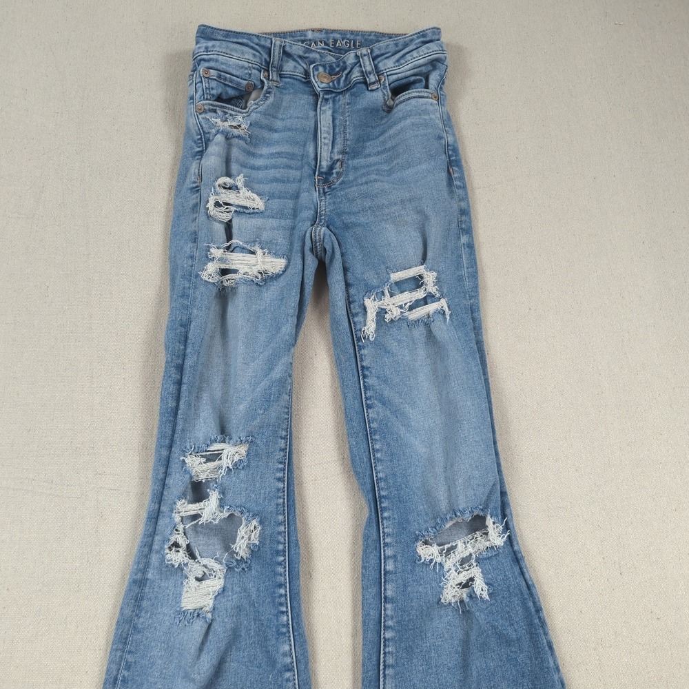American Eagle Jeans Women 2 Blue Long Super High Rise Flare Stretch Boho Hippie - Picture 2 of 16